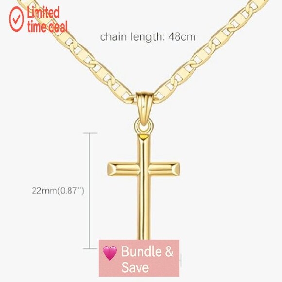 14K Gold Cross Pendant Necklace 26mm Minimalist Faith Chain - Picture 3 of 8